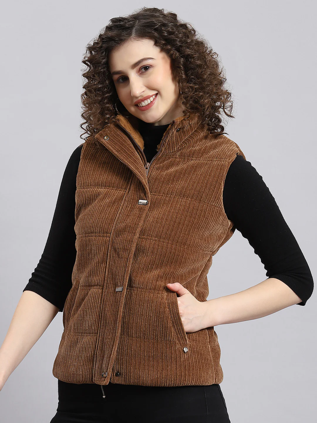 Women Brown Solid Stand Collar Sleeveless Jacket - Image 4