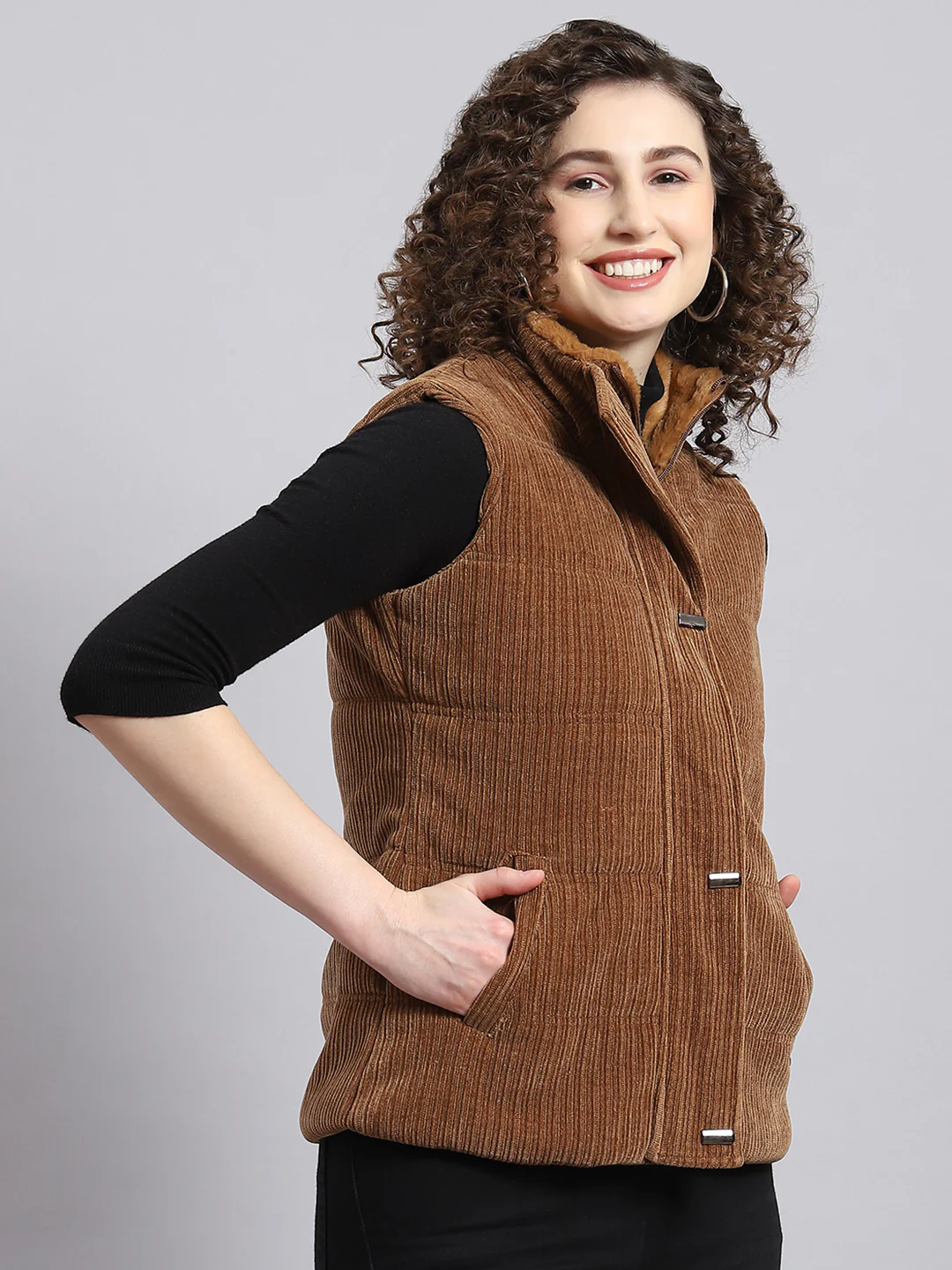 Women Brown Solid Stand Collar Sleeveless Jacket - Image 5