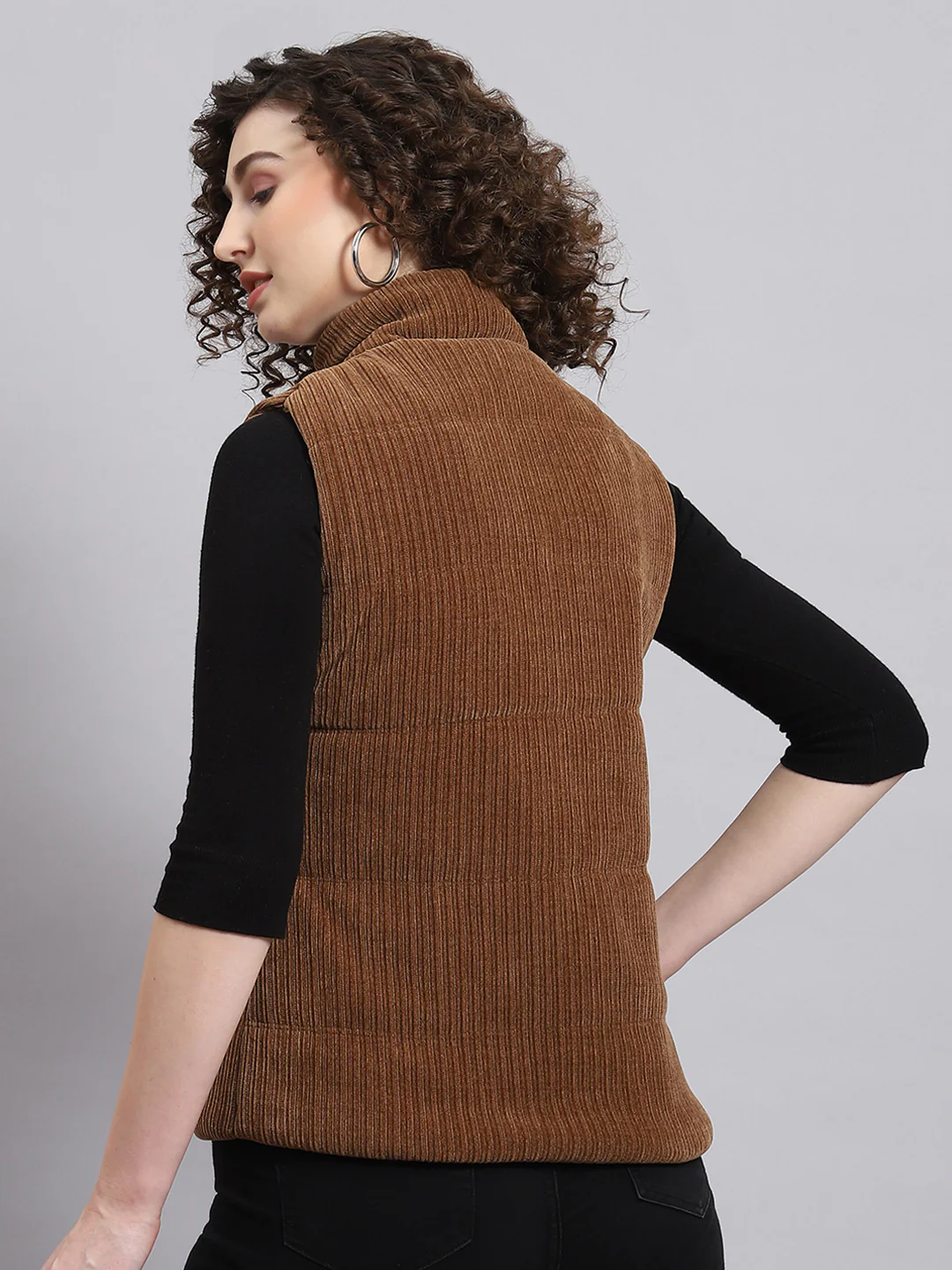 Women Brown Solid Stand Collar Sleeveless Jacket - Image 6