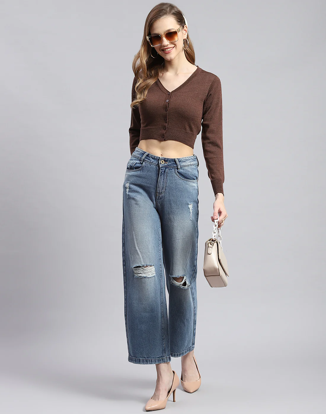 Women Brown Solid V Neck Full Sleeve Blouse - Image 5
