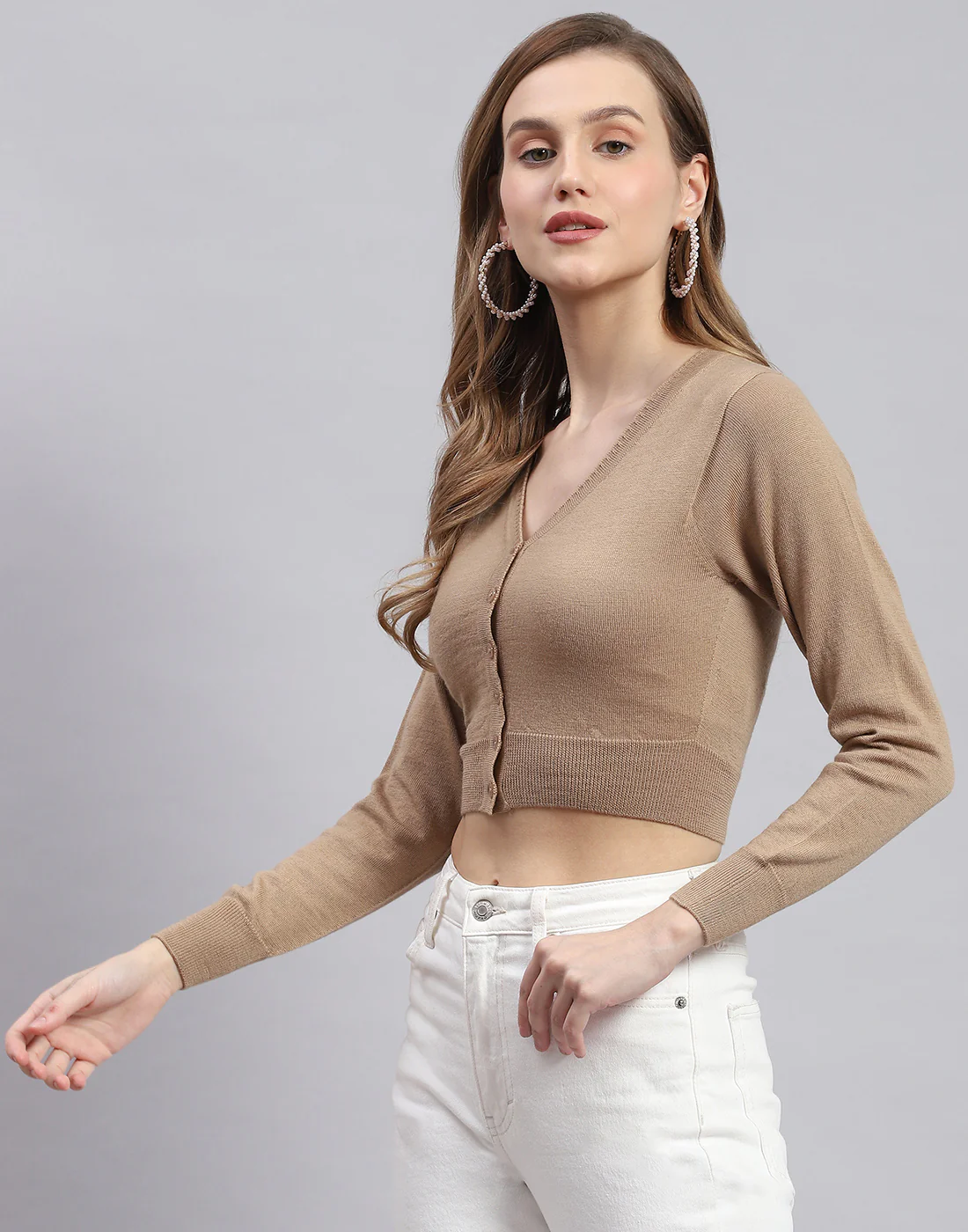 Women Brown Solid V Neck Full Sleeve Blouse - Image 3