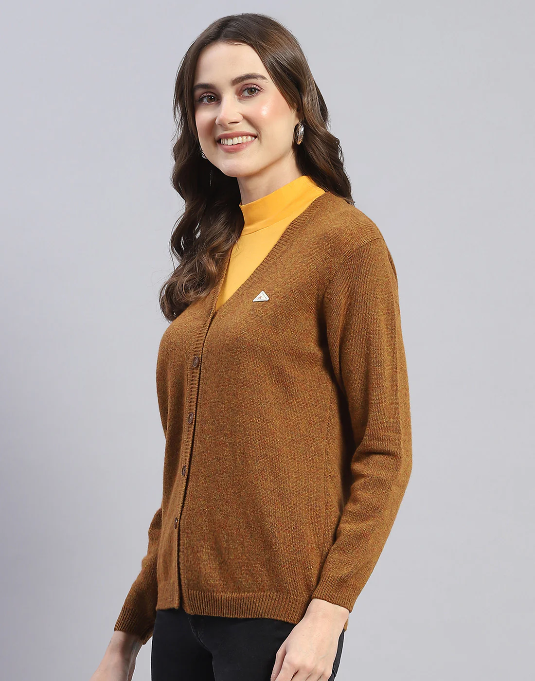 Women Brown Solid V Neck Full Sleeve Cardigan - Image 3