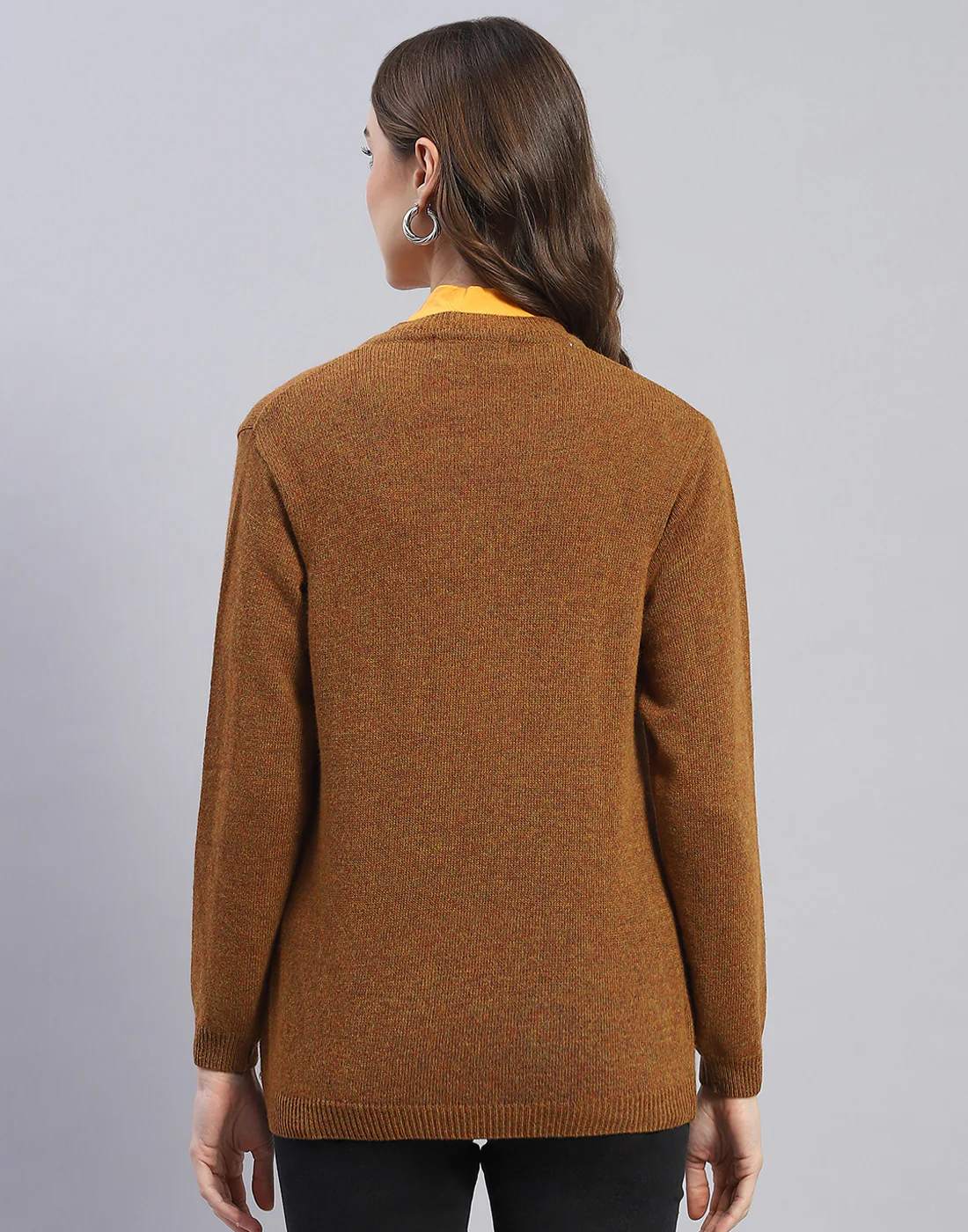 Women Brown Solid V Neck Full Sleeve Cardigan - Image 5