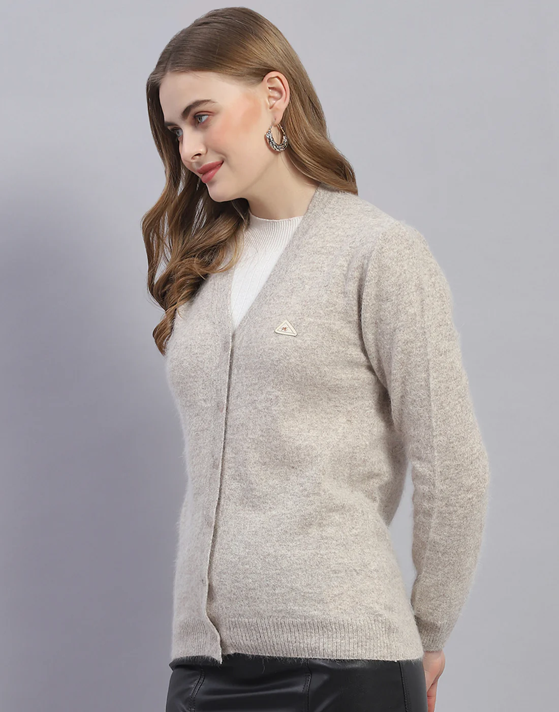 Women Brown Solid V Neck Full Sleeve Cardigan - Image 3