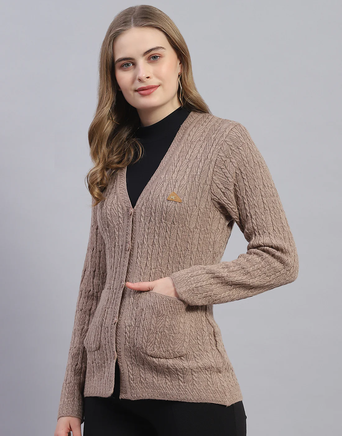 Women Brown Solid V Neck Full Sleeve Cardigan - Image 3