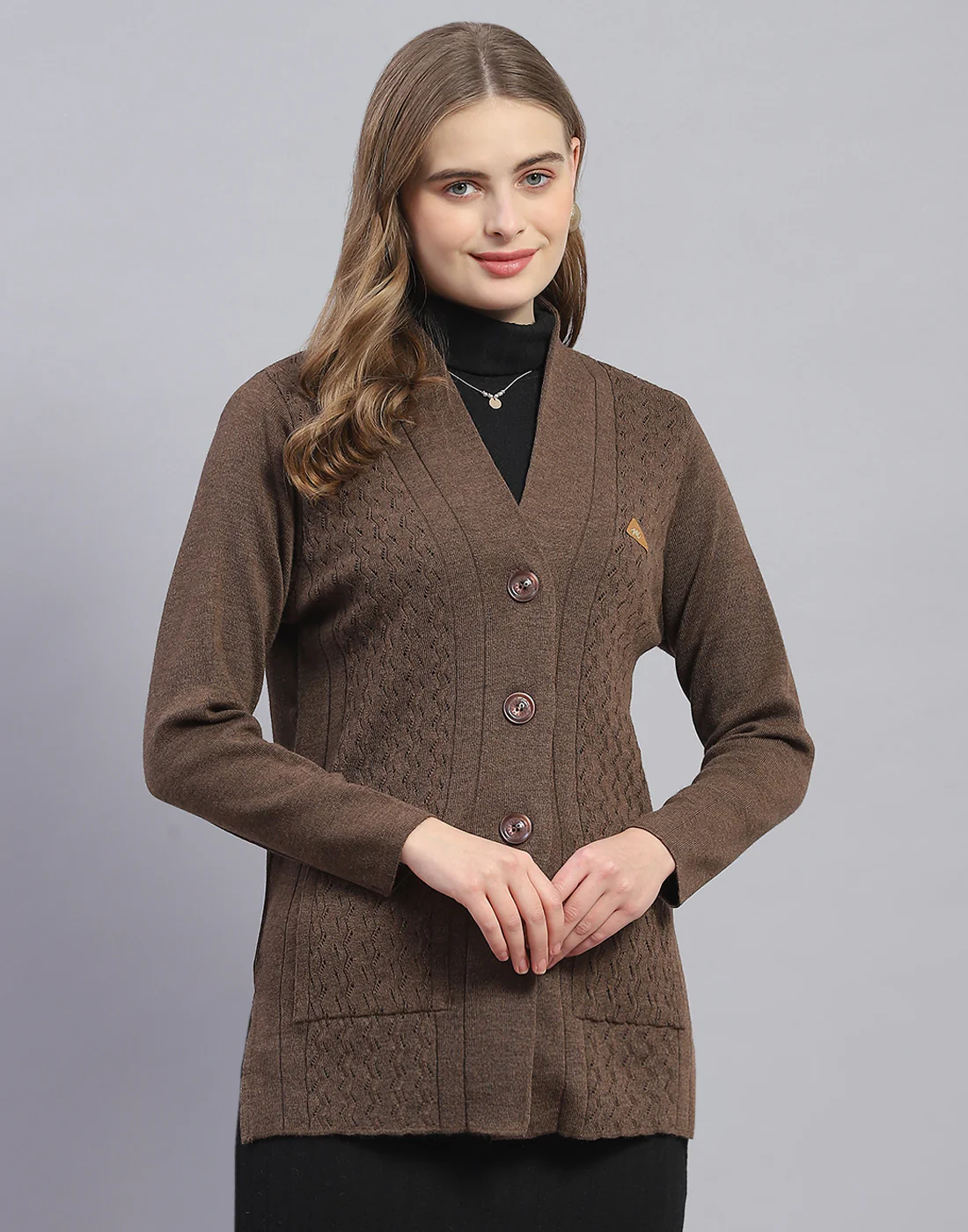Women Brown Solid V Neck Full Sleeve Cardigan - Image 2