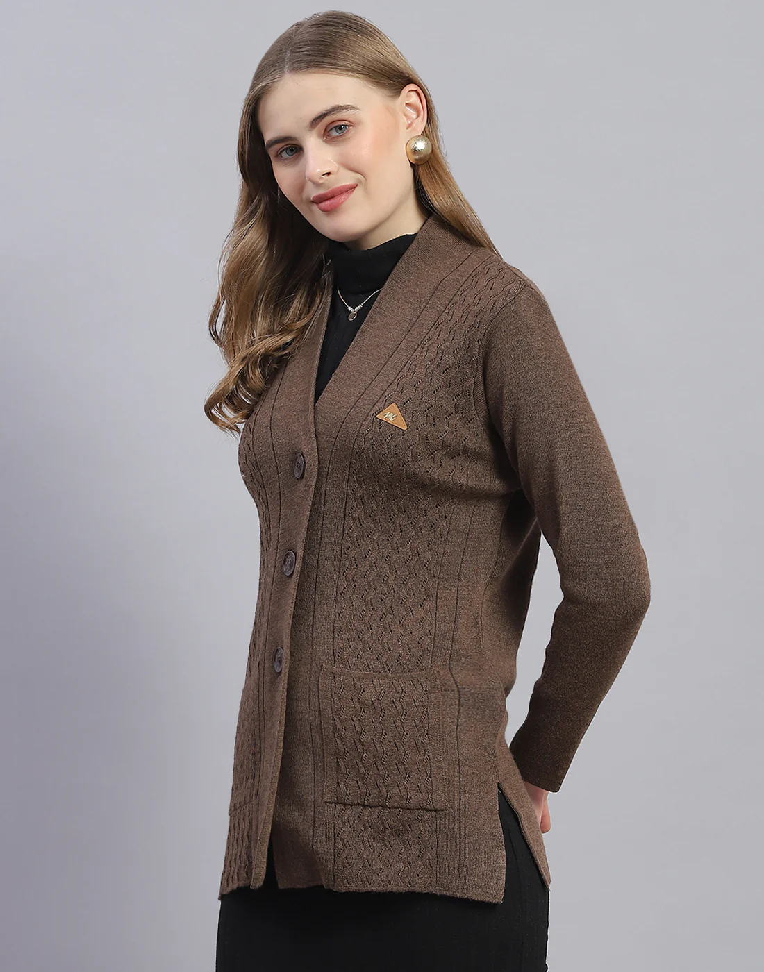 Women Brown Solid V Neck Full Sleeve Cardigan - Image 3