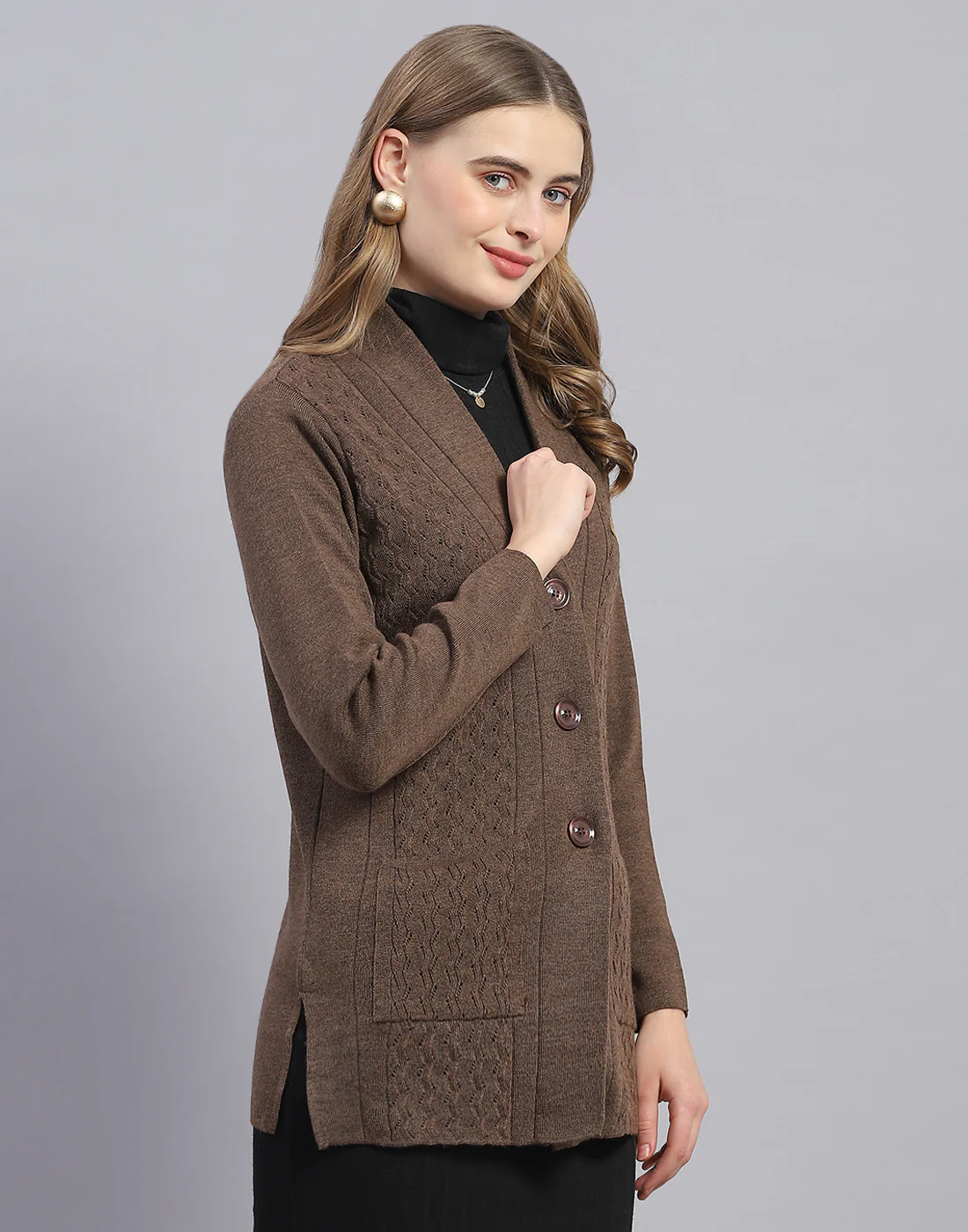 Women Brown Solid V Neck Full Sleeve Cardigan - Image 4