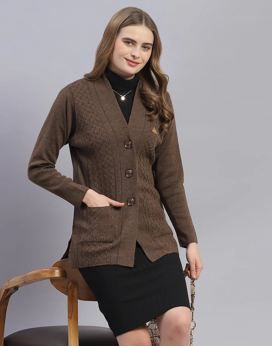 Women Brown Solid V Neck Full Sleeve Cardigan - Image 6