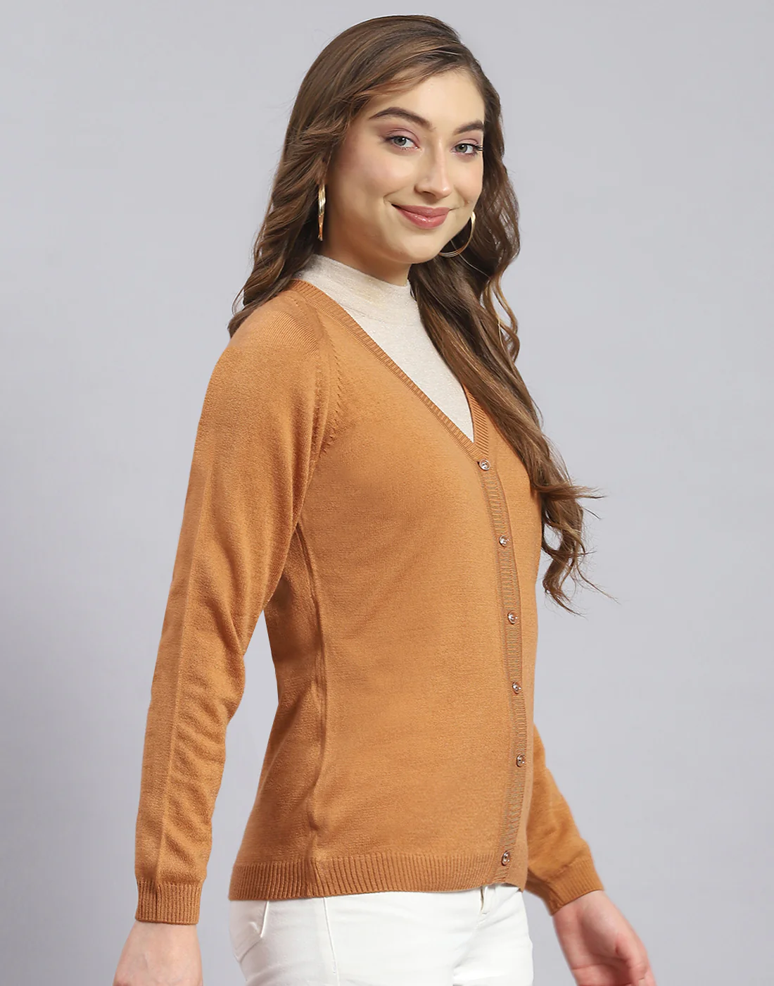 Women Brown Solid V Neck Full Sleeve Cardigan - Image 4