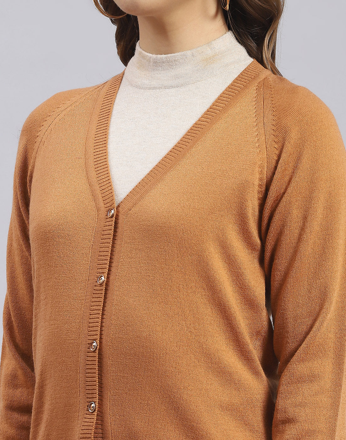 Women Brown Solid V Neck Full Sleeve Cardigan - Image 6