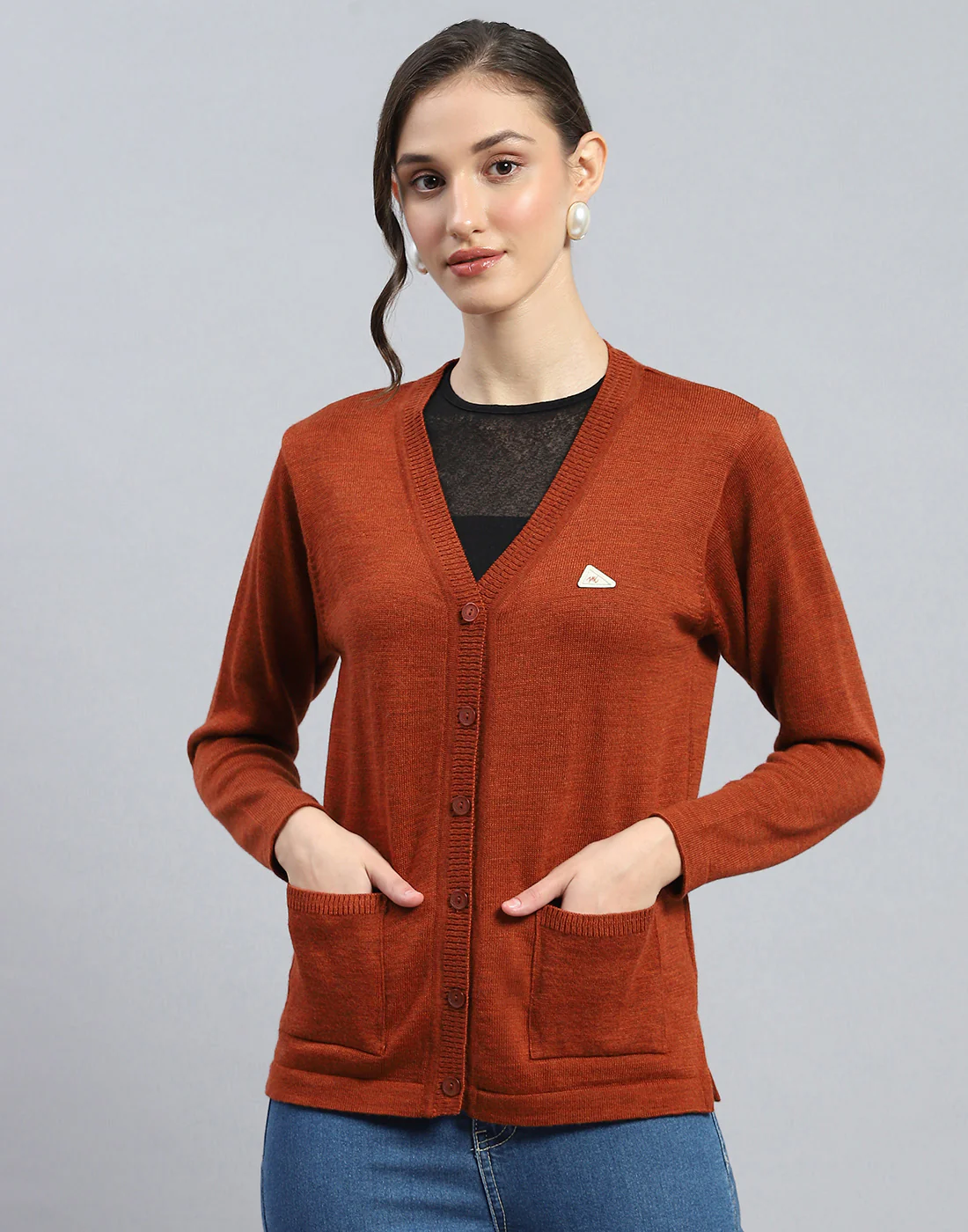 Women Brown Solid V Neck Full Sleeve Cardigan - Image 2