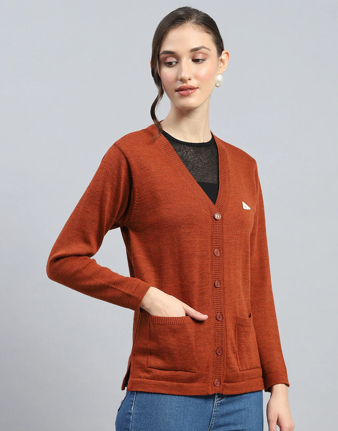 Women Brown Solid V Neck Full Sleeve Cardigan - Image 4