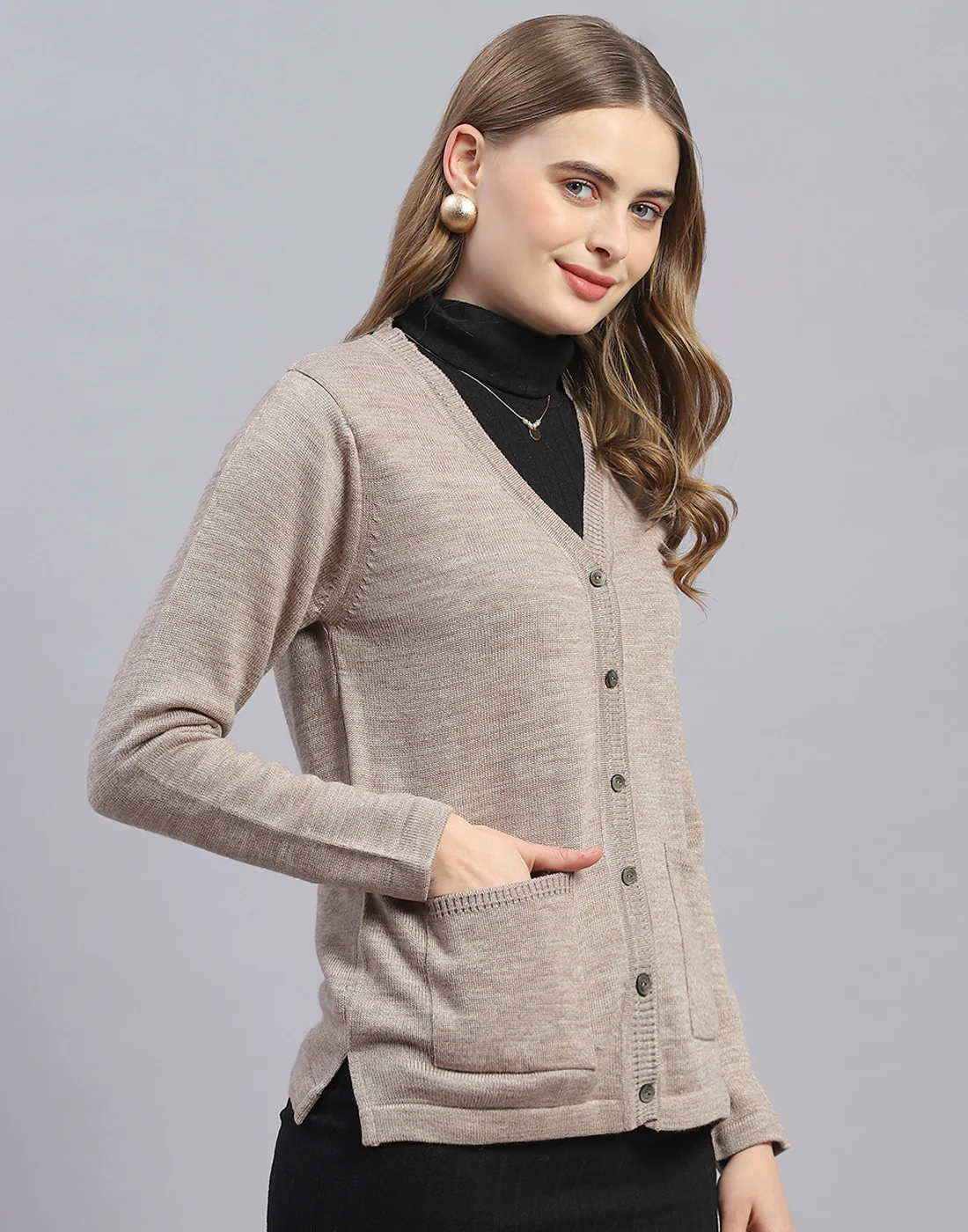 Women Brown Solid V Neck Full Sleeve Cardigan - Image 5