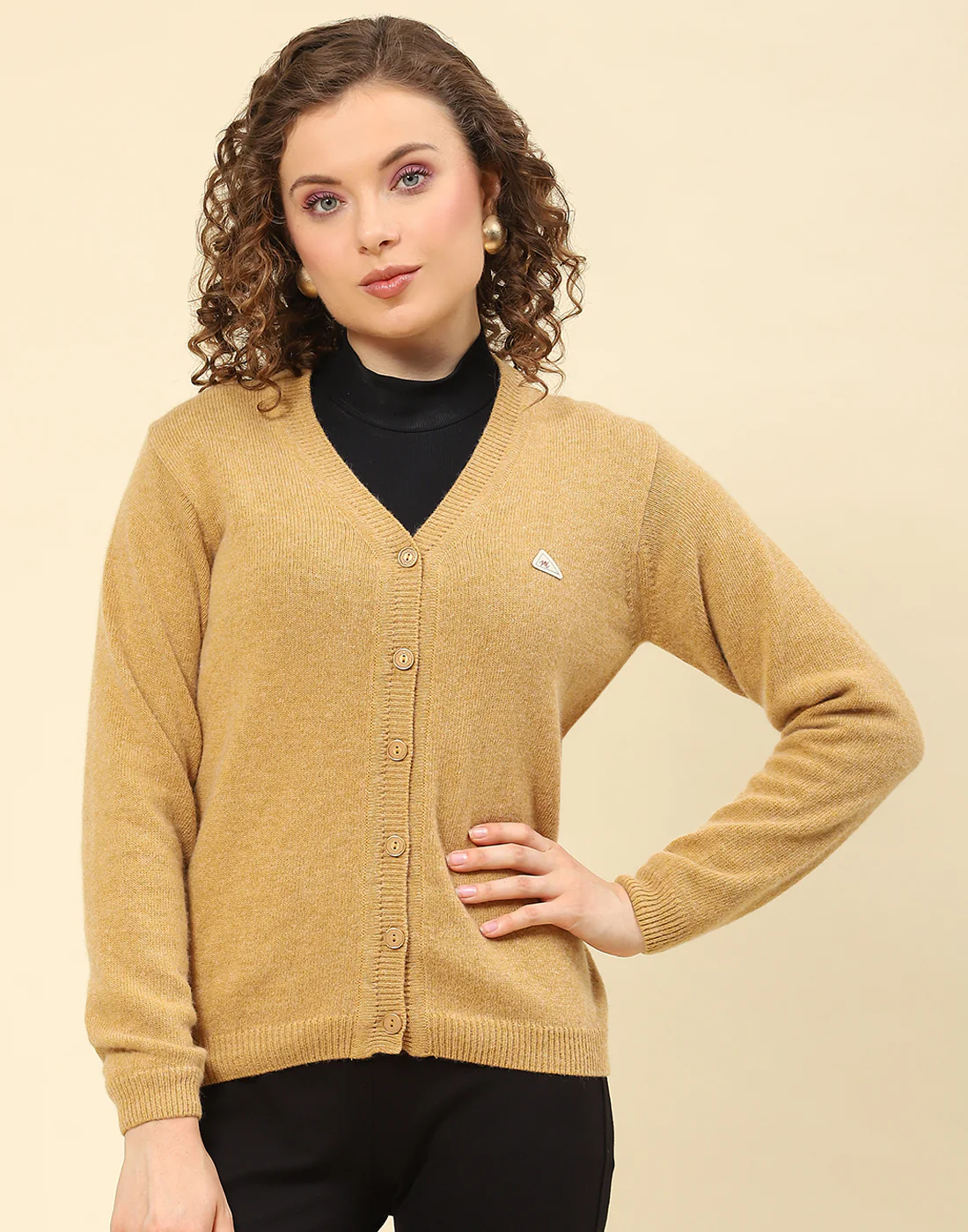 Women Brown Solid V Neck Full Sleeve Cardigan - Image 2