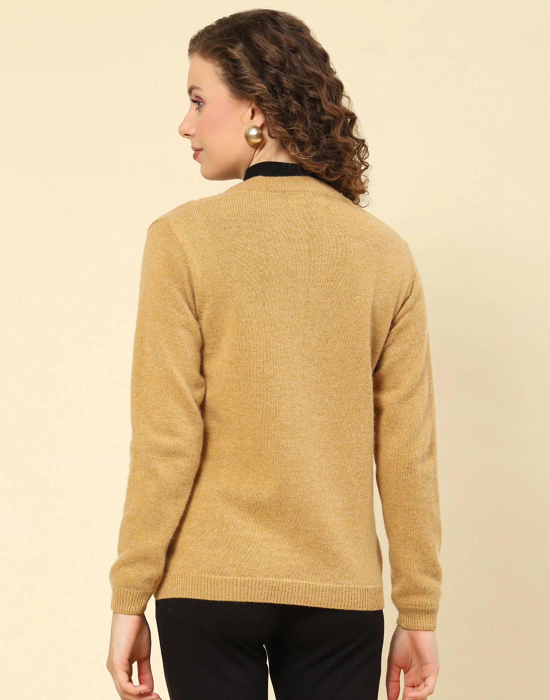 Women Brown Solid V Neck Full Sleeve Cardigan - Image 5