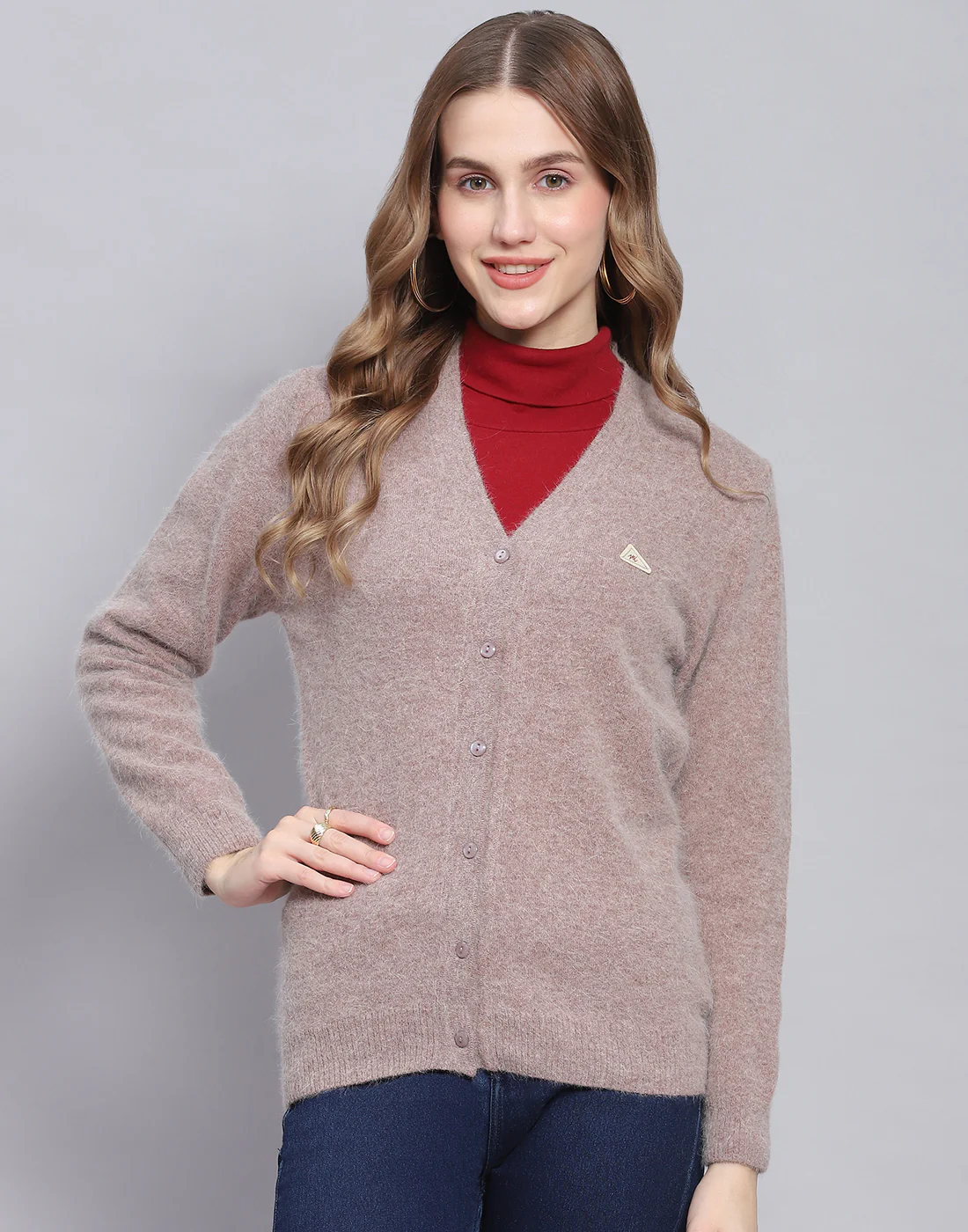 Women Brown Solid V Neck Full Sleeve Cardigan - Image 3