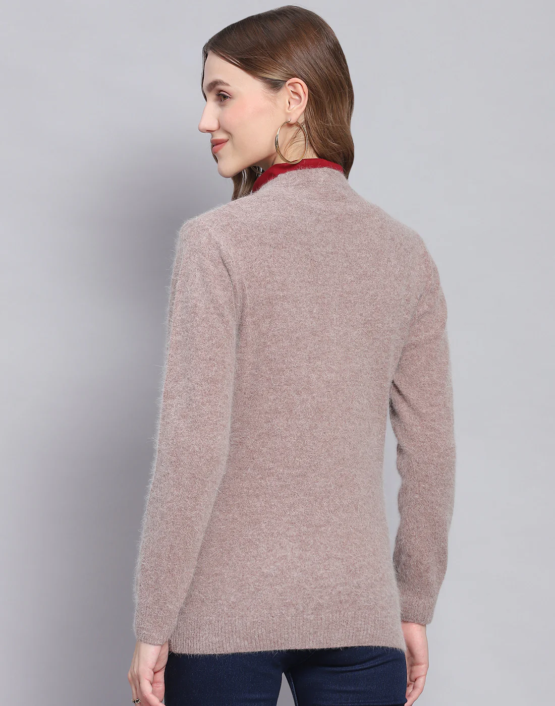 Women Brown Solid V Neck Full Sleeve Cardigan - Image 5