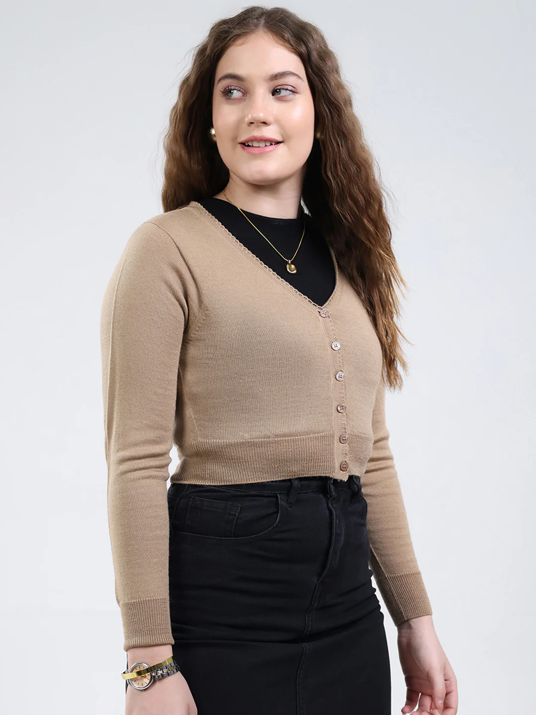 Women Brown Solid V Neck Full Sleeve Cardigan - Image 4