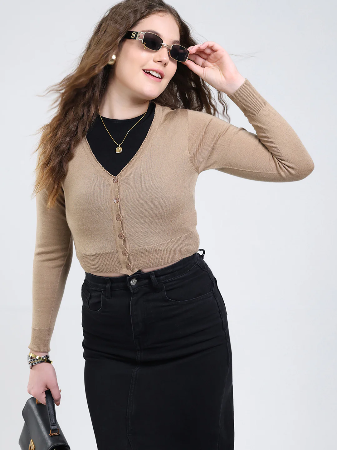 Women Brown Solid V Neck Full Sleeve Cardigan - Image 6