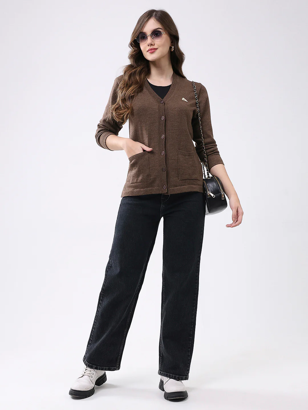 Women Brown Solid V Neck Full Sleeve Cardigan - Image 2