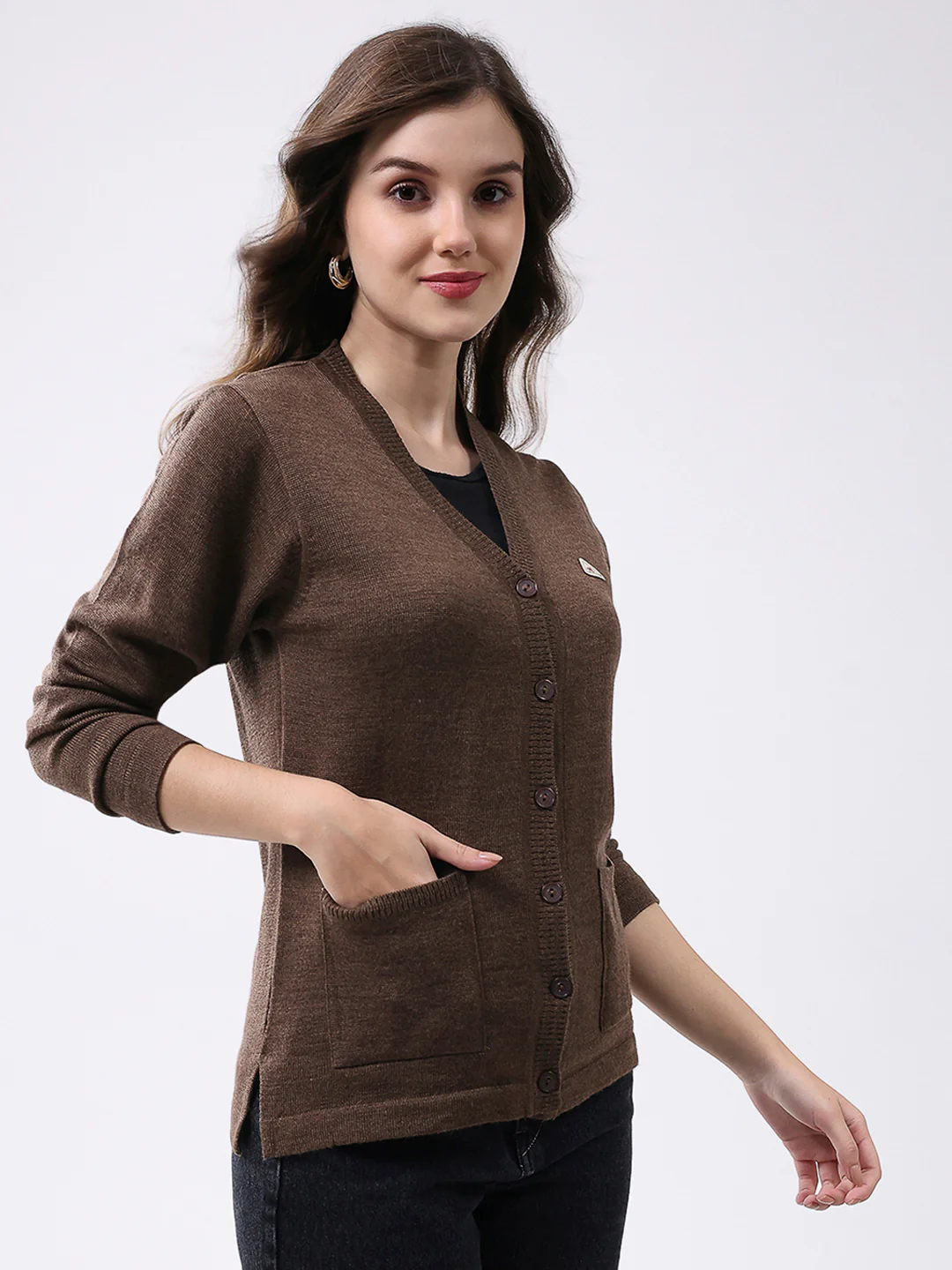 Women Brown Solid V Neck Full Sleeve Cardigan - Image 4