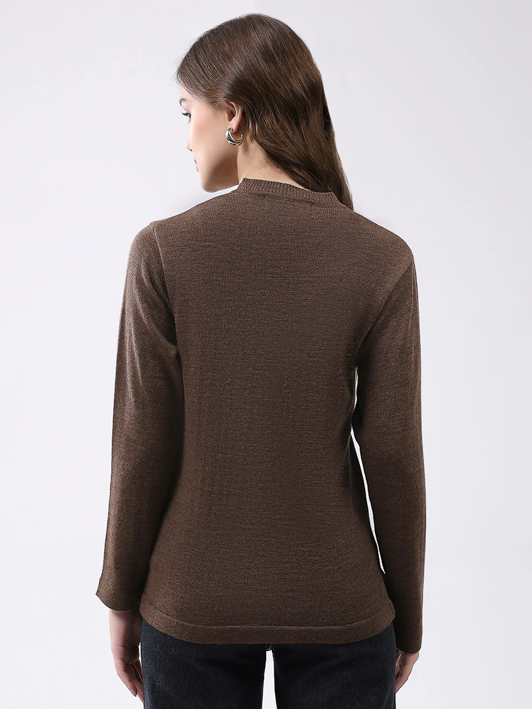 Women Brown Solid V Neck Full Sleeve Cardigan - Image 5