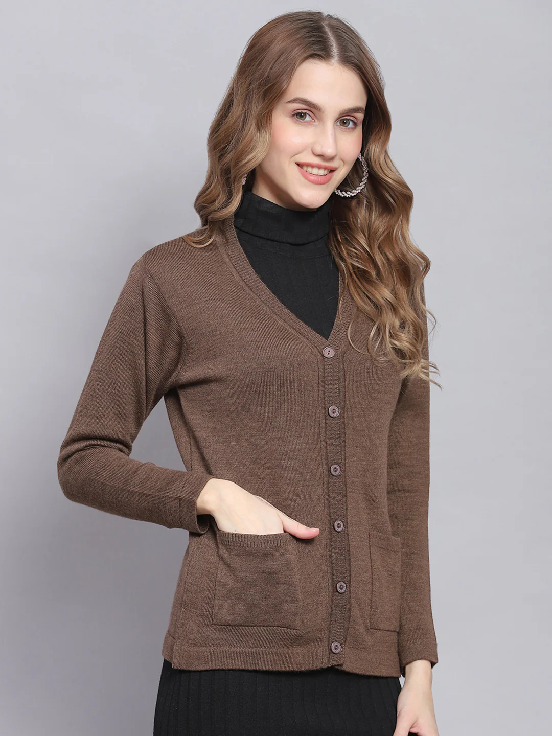 Women Brown Solid V Neck Full Sleeve Cardigans - Image 4