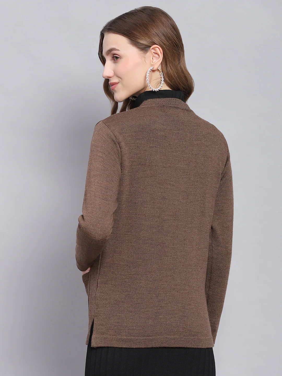 Women Brown Solid V Neck Full Sleeve Cardigans - Image 5
