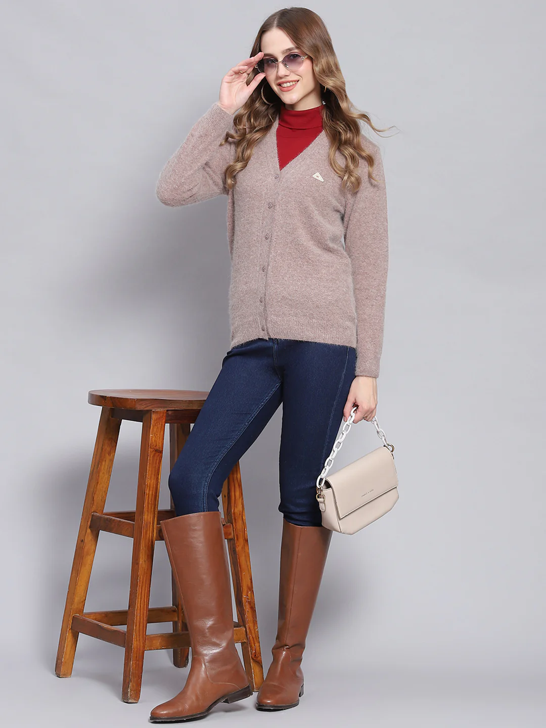 Women Brown Solid V Neck Full Sleeve Cardigans - Image 2