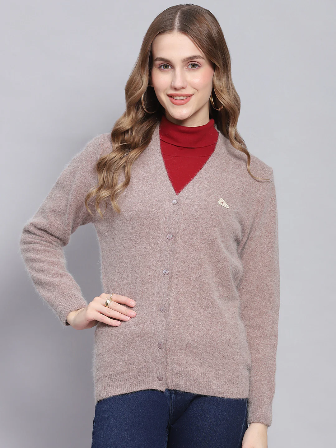 Women Brown Solid V Neck Full Sleeve Cardigans - Image 3