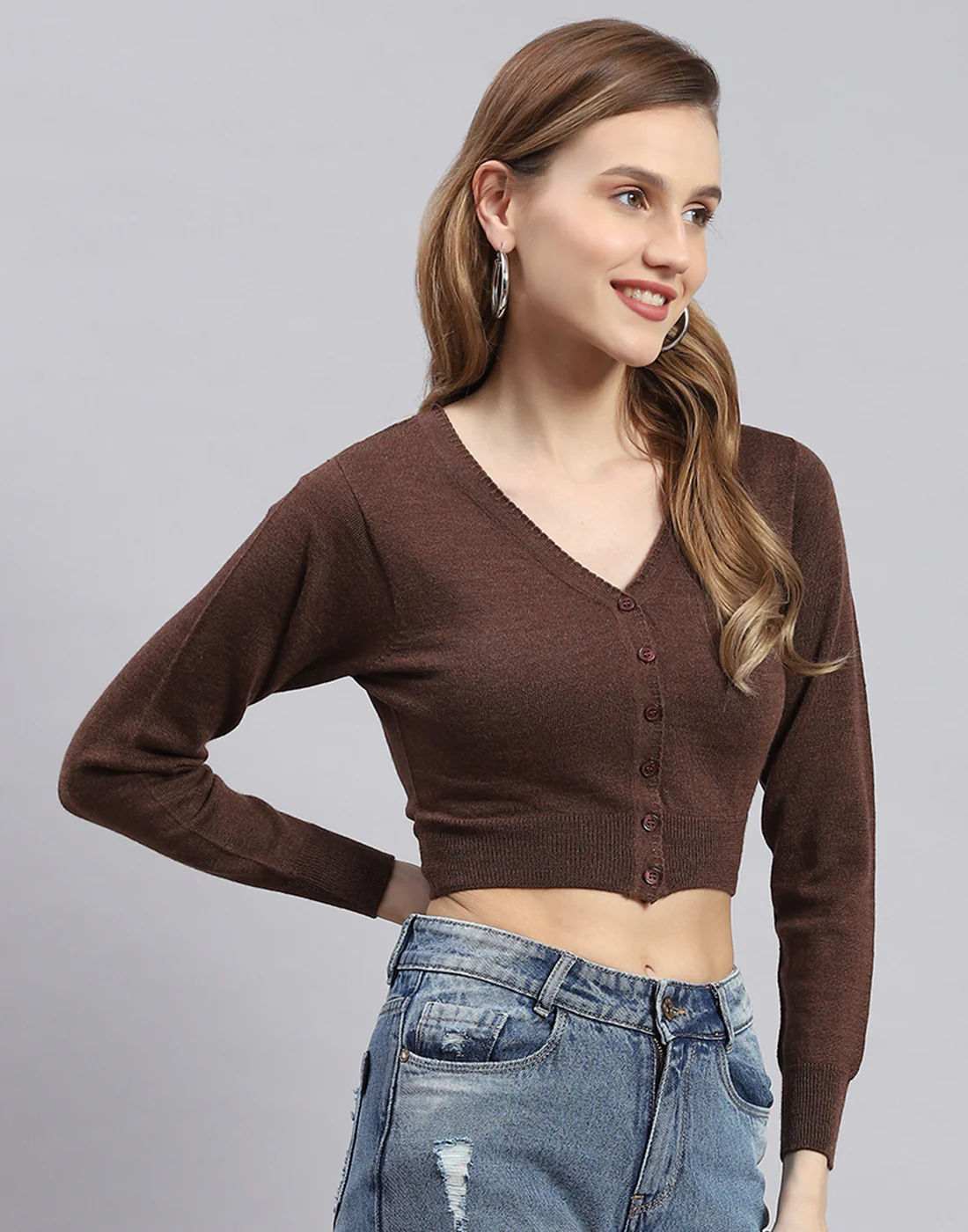 Women Brown Solid V Neck Full Sleeve Sweater - Image 4