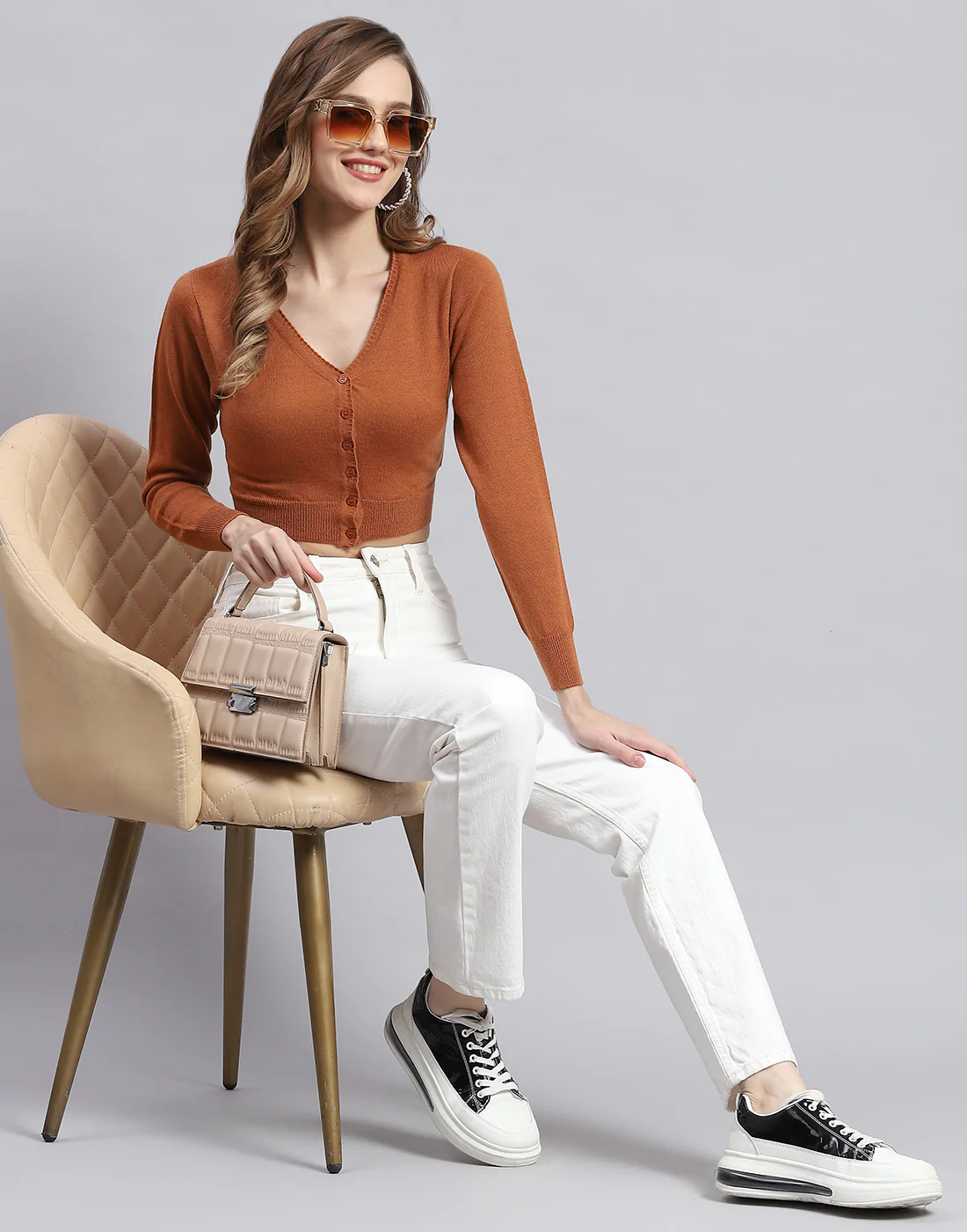Women Brown Solid V Neck Full Sleeve Sweater - Image 2