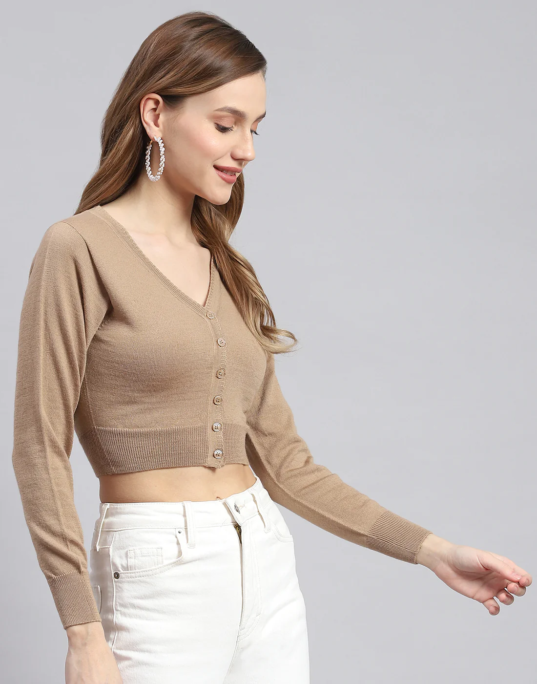 Women Brown Solid V Neck Full Sleeve Sweater - Image 5