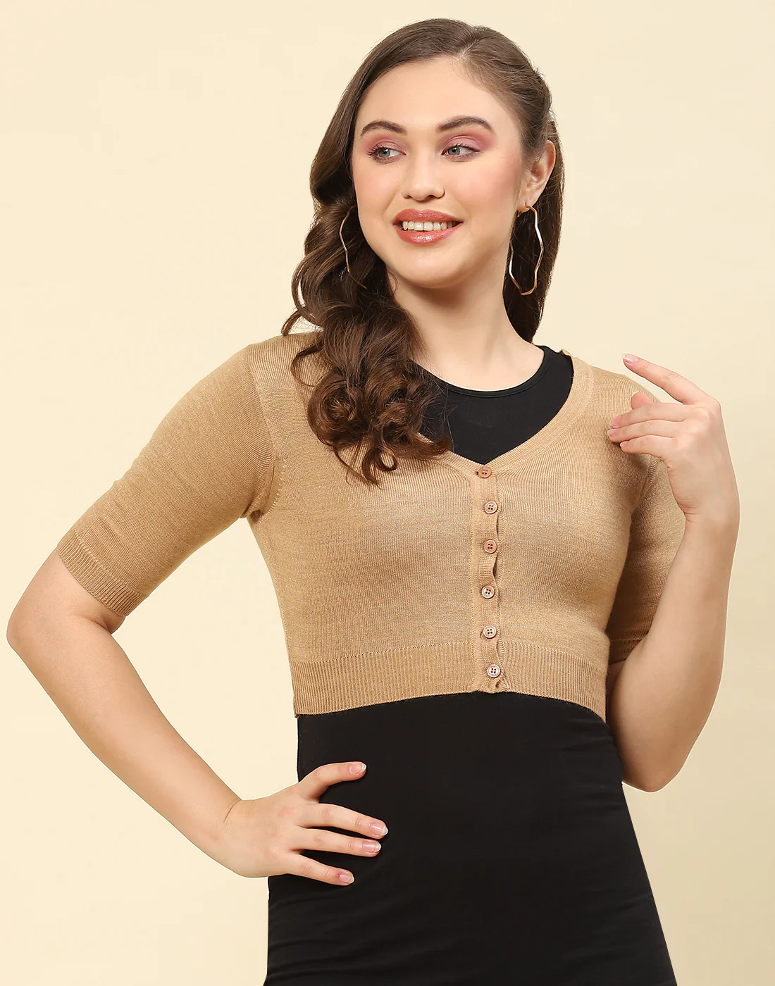 Women Brown Solid V Neck Half Sleeve Blouse - Image 2