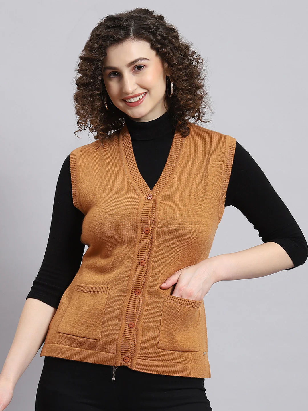 Women Brown Solid V Neck Sleeveless Cardigan - Image 5