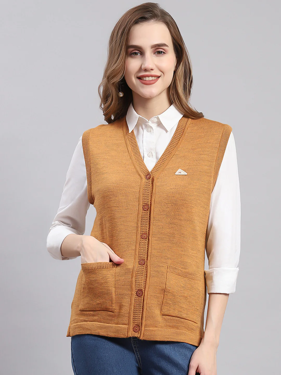 Women Brown Solid V Neck Sleeveless Cardigans - Image 2
