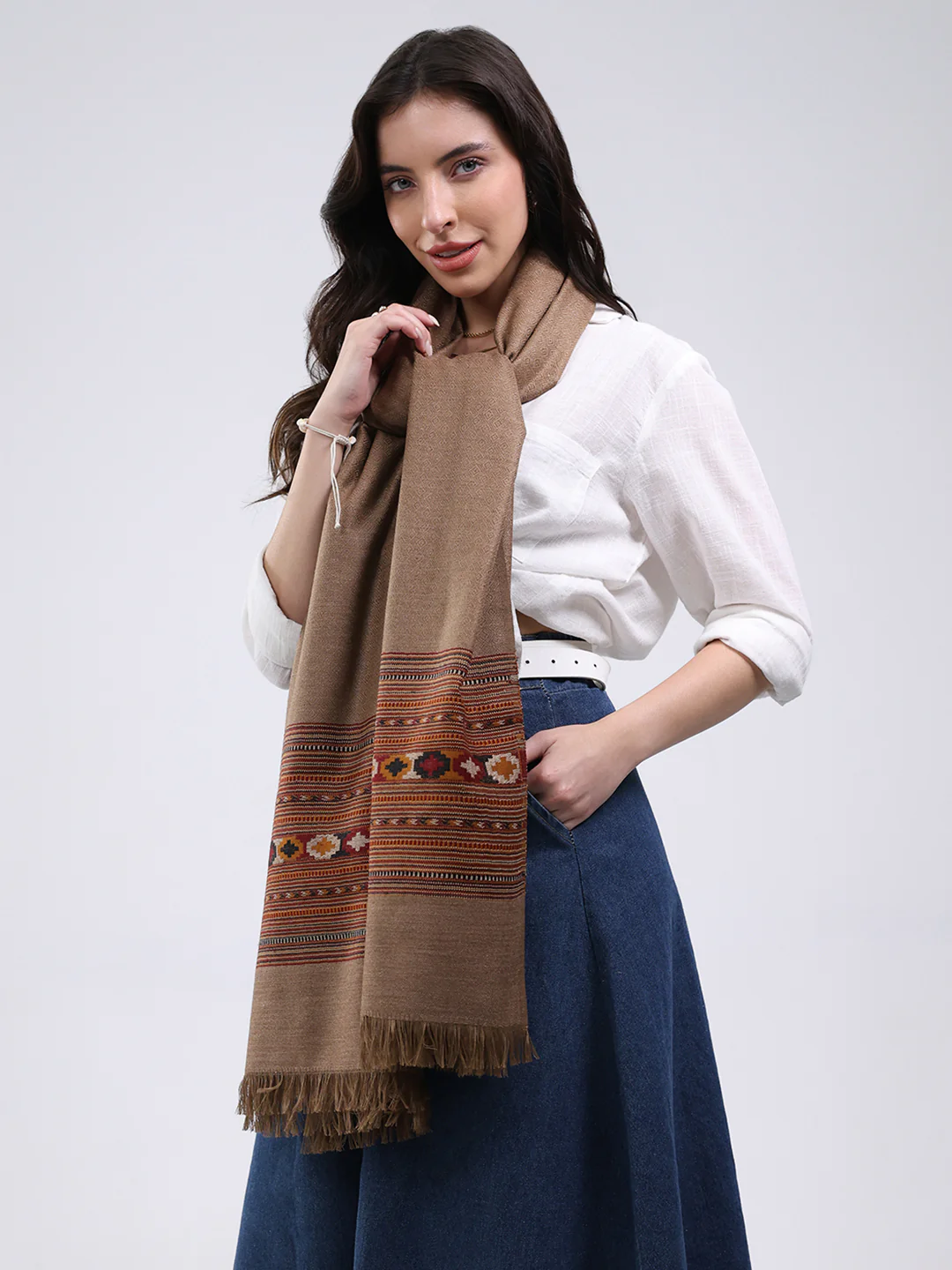 Women Brown Solid Wool Blend Shawl - Image 3