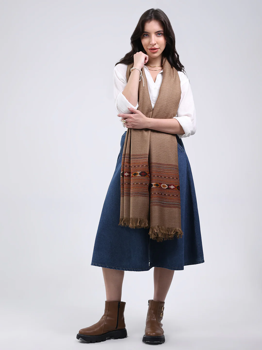 Women Brown Solid Wool Blend Shawl - Image 5