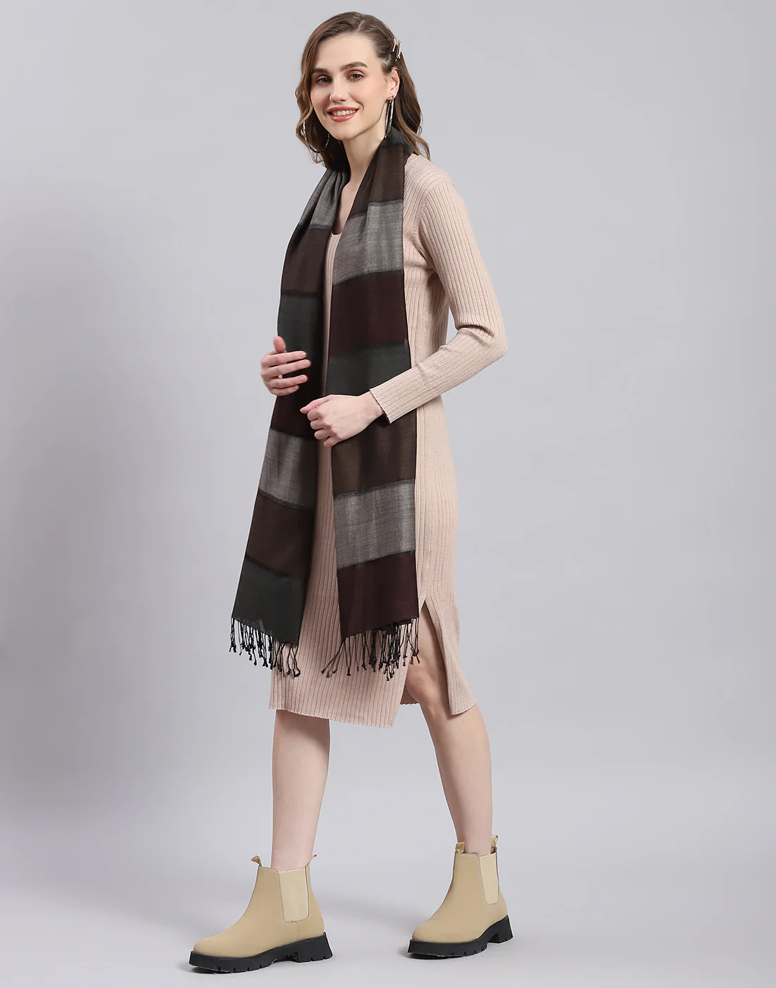 Women Brown Stripe Stole - Image 3