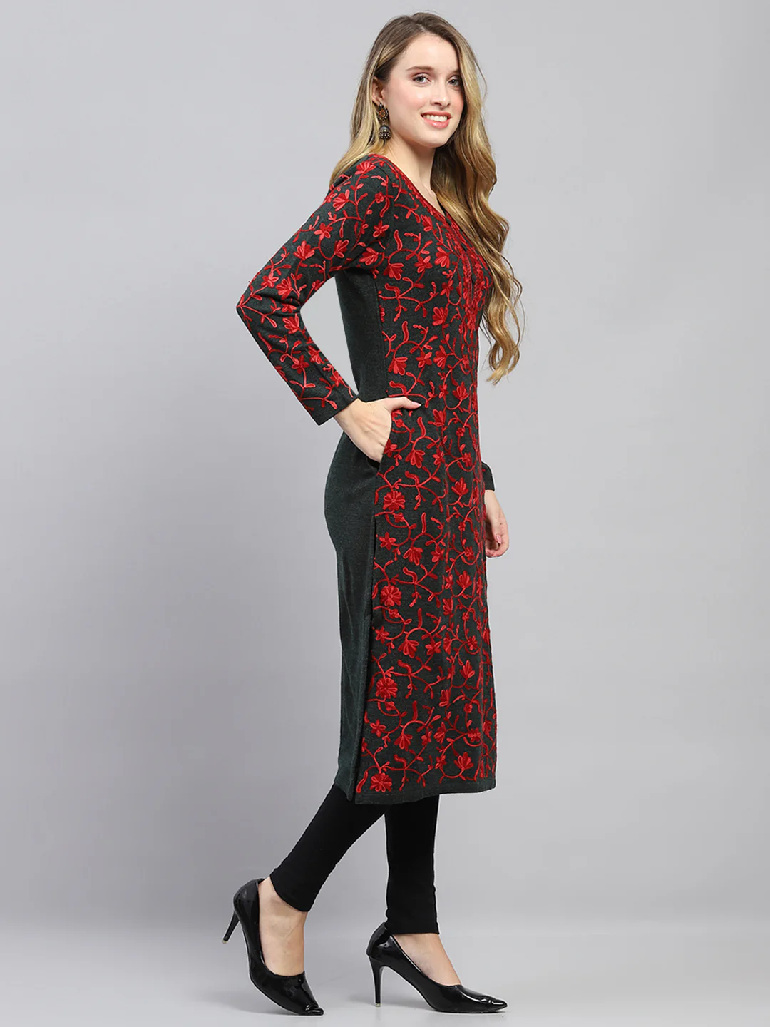 Women Red & Dark Olive Woven Design Round Neck Full Sleeve Winter Kurti - Image 4