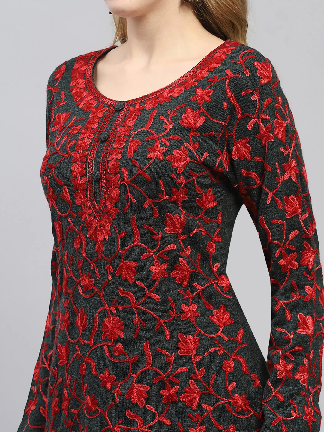 Women Red & Dark Olive Woven Design Round Neck Full Sleeve Winter Kurti - Image 6