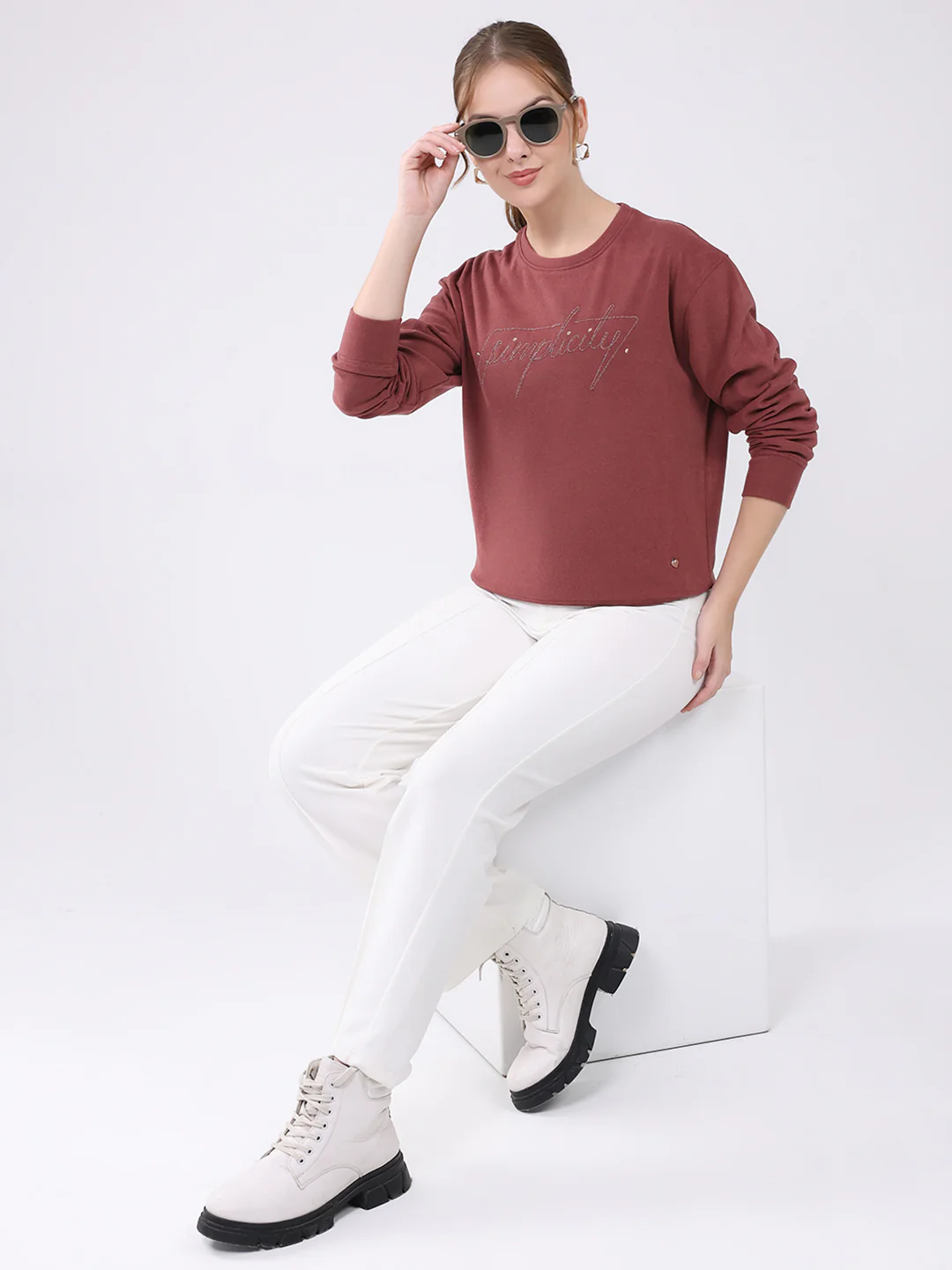 Women Burgundy Embroidered Round Neck Full Sleeve Winter Top - Image 2