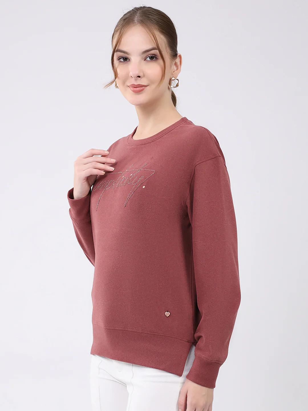Women Burgundy Embroidered Round Neck Full Sleeve Winter Top - Image 3