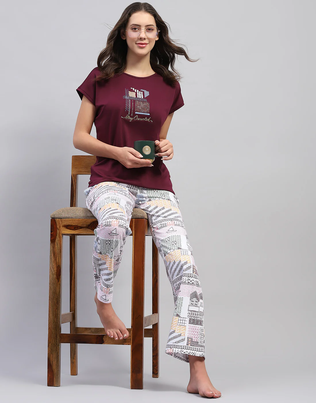 Women Burgundy Embroidered Round Neck Half Sleeve Lower Set - Image 2