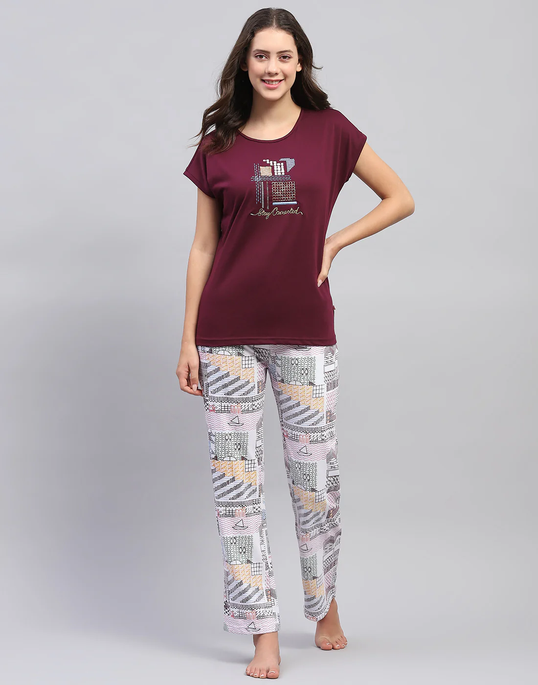 Women Burgundy Embroidered Round Neck Half Sleeve Lower Set - Image 3