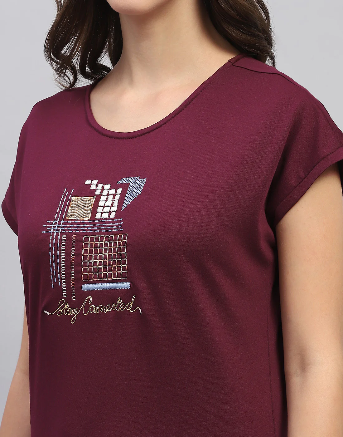 Women Burgundy Embroidered Round Neck Half Sleeve Lower Set - Image 9