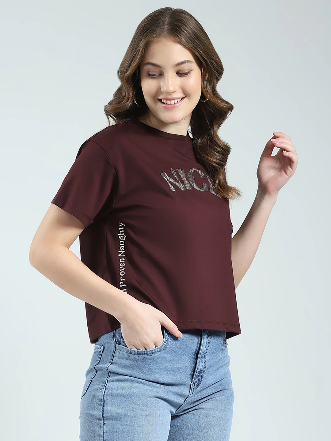 Women Burgundy Embroidered Round Neck Half Sleeve Top - Image 4