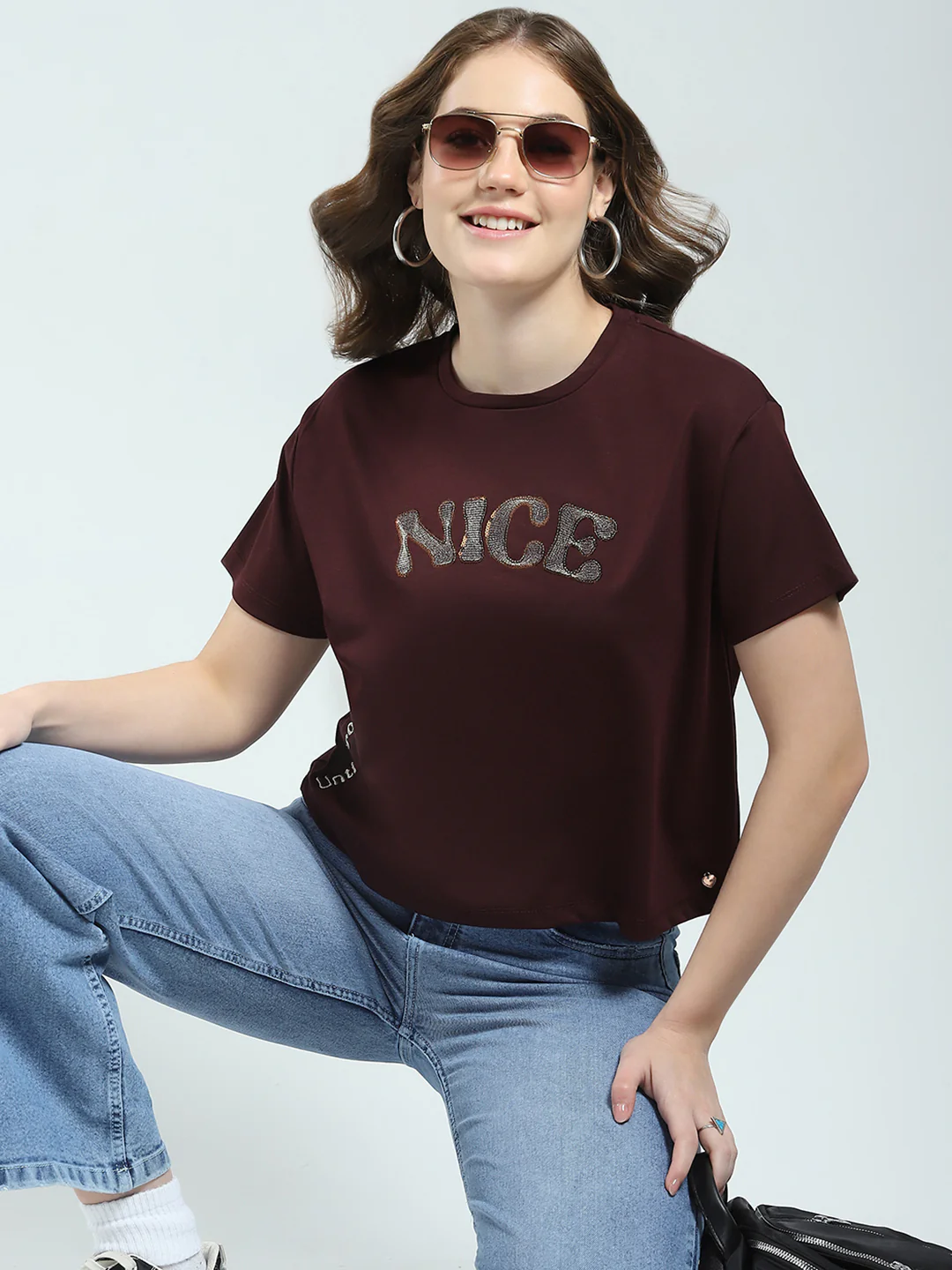 Women Burgundy Embroidered Round Neck Half Sleeve Top - Image 6