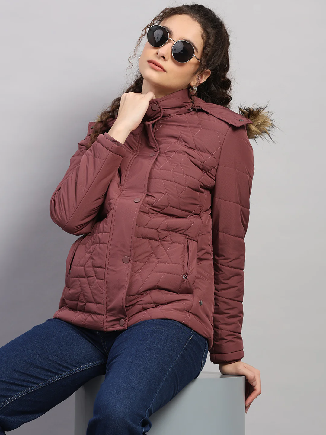 Women Burgundy Printed Hooded Full Sleeve Jacket - Image 6
